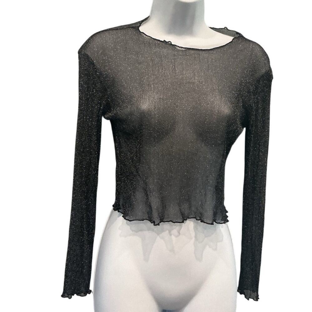Womens Sheer Metallic Top US 2 UK 6 Shirt Black Mesh Gothic Punk Grunge Witchy